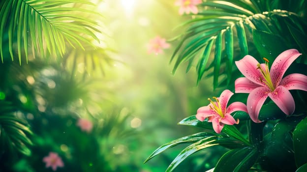 Green tropical background with a beautiful pink lilly flowers.  AI generated