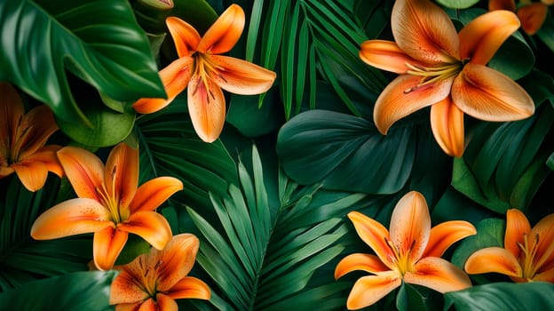 Green tropical background with a beautiful orange lilly flowers.  AI generated