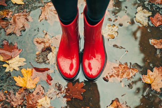 Legs in red rain boots standing in a puddle with autumn leaves. Autumn weather concept.  AI generated
