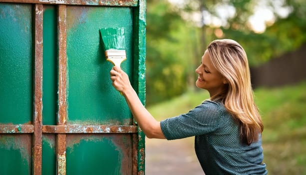 gorgeous woman painting green fence, AI generated image
