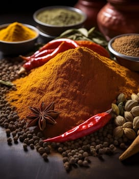 many hot indian spices including curry and curcuma, AI generated image