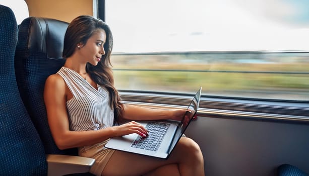gorgeous elegant young business woman on train using laptop pc, AI generated image