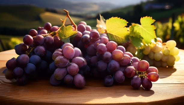 grapes on a wooden table, AI generated image