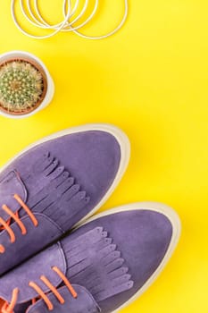 Flat lay of suede shoes, cactus on bold yellow paper background with copy space. Overhead view of woman casual outfit. Trendy hipster look top view