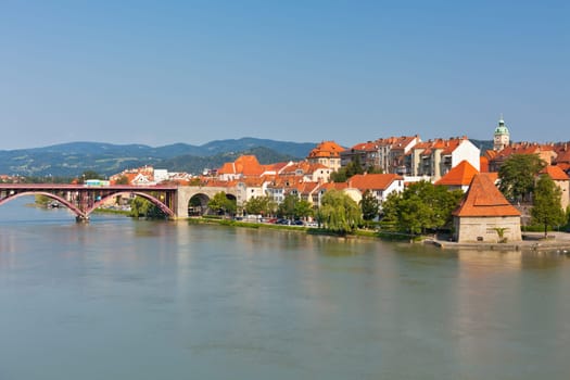 Skyline of Maribor city embankment in the sunny day, Slovenia