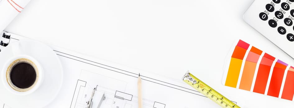 Creative flat lay overhead top view blueprint flat project plan hot coffee cup and office supplies on decorator table workspace swatches tools and equipment background copy space concept