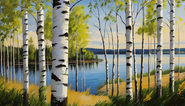 finnish lake and birch trees forest, AI generated image