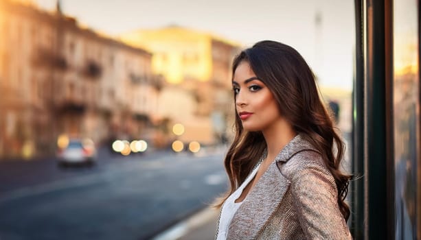 beautiful woman at the bus stop waiting for transport, AI generated image