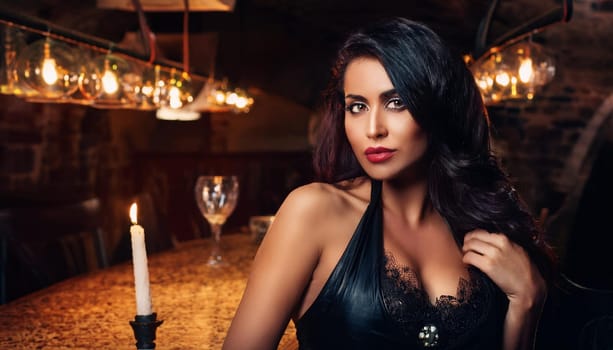 gorgeous young woman drinking beer in medieval tavern, AI generated image
