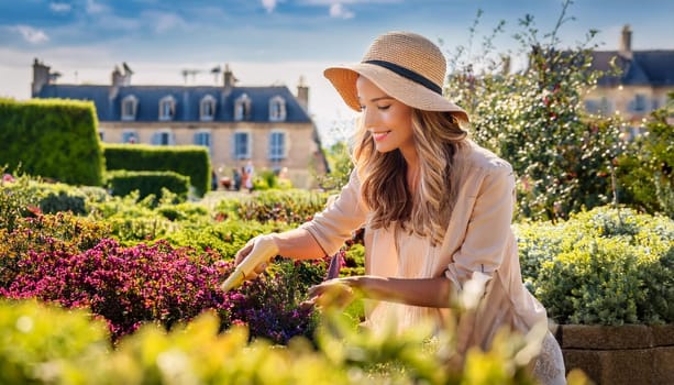 gorgeous young woman doing the garden, AI generated image