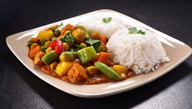 indian vegetable curry food with basmati rice, AI generated image