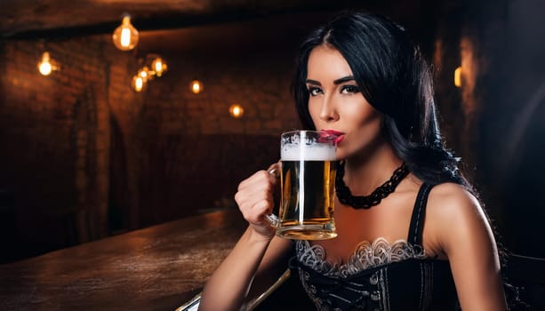 gorgeous young woman drinking beer in medieval tavern, AI generated image