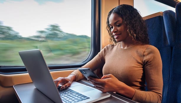gorgeous elegant young business woman on train using laptop pc, AI generated image