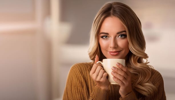 gorgeous young woman drinking coffee, AI generated image