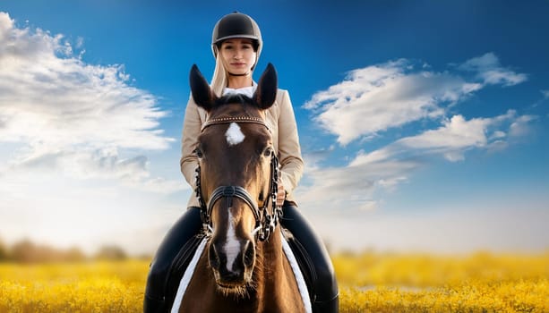 gorgeous young woman horseback riding, AI generated image