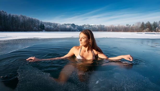 gorgeous young woman swimming in iced lake, AI generated image