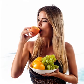 gorgeous young woman eating fruit, AI generated image