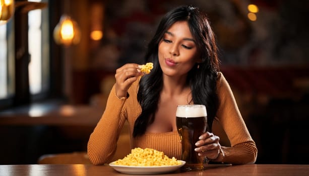 gorgeous young woman eating macaroni cheese and drinking beer, AI generated image
