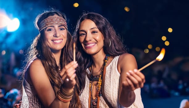 gorgeous young hippy women at a concert, AI generated image
