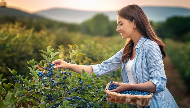 gorgeous young woman picking blueberries, AI generated image