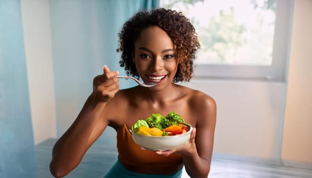 gorgeous young woman eating healthy vegetarian food, AI generated image