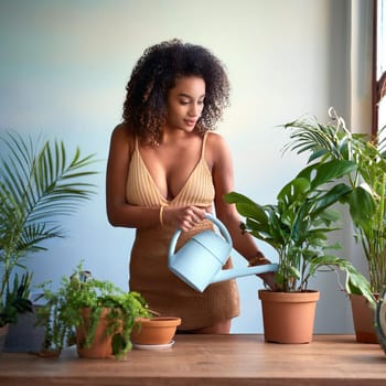 gorgeous young woman watering the houseplants, AI generated image