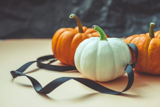 Autumn orange and white pumpkins thanksgiving halloween black ribbon background wooden box with copy space. Template for fall harvest mood text