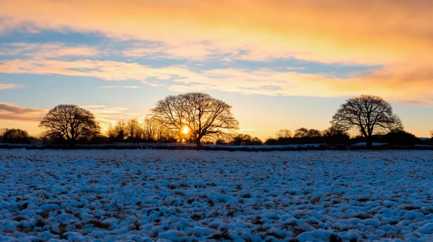 Snow covered farmland at dawn in Dorset in the south of England.