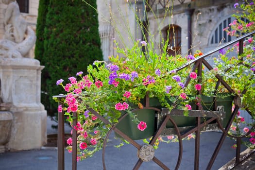 Multicolored flowerbed on a front of a stone building in France. Shot with a small GRIP