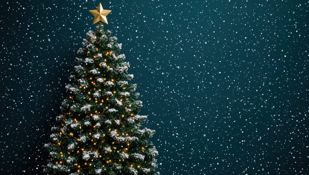 Sparkling Christmas Tree on a Snowy Night. Concept of  Holiday Cheer
