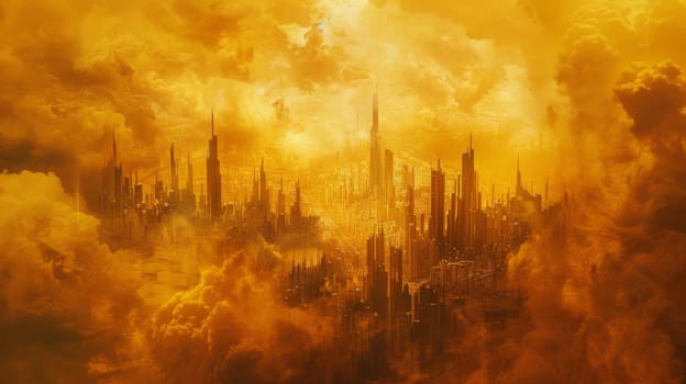 Futuristic city skyline with skyscrapers among orange clouds, sandstorm concept, background, AI Generated