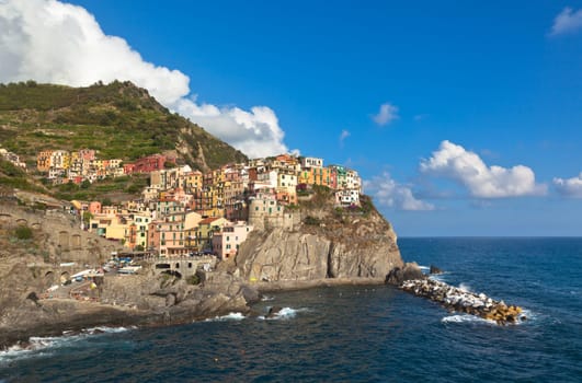 View of Manarola, small Italian village of Cinque Terre on the mediterranean sea