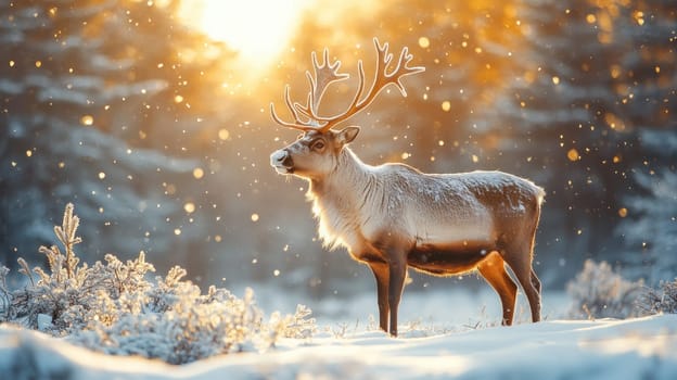 Reindeer in snowy winter forest at sunset. Christmas concept.