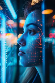 Woman face with digital grid pattern on dark blue background, authentication scanning concept, AI generated