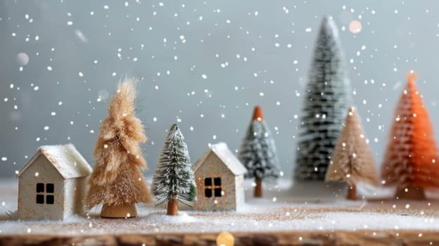 Miniature Christmas houses and trees with snow, New Year holiday greeting concept, AI Generated