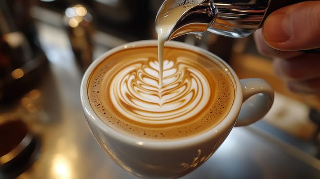 Barista pouring milk into latte art coffee, creating a fern design. Concept coffee shop, barista skills