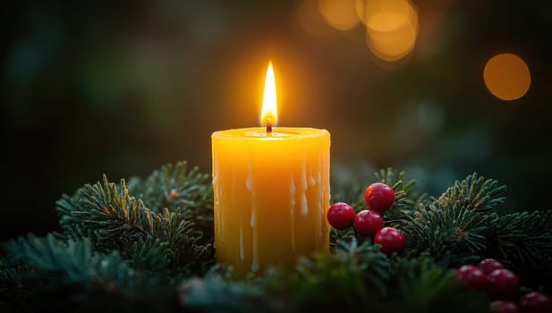 Burning Candle with Christmas Wreath, Festive Holiday Decoration