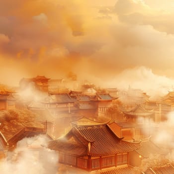 Ancient asian pagoda cityscape in mystical sunset sandstorm orange glow, fantasy setting, background, AI generated