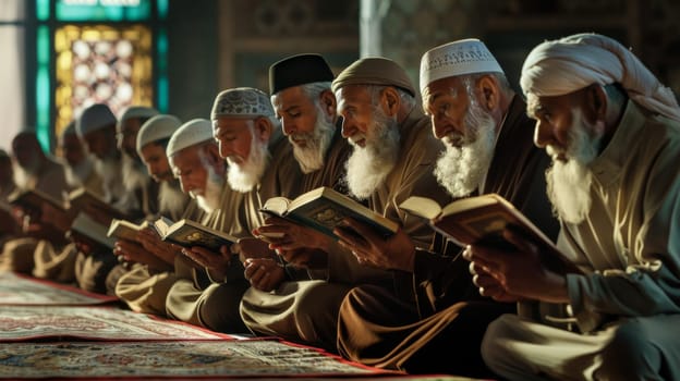 Elderly men reading inside mosque with warm light, creating a peaceful atmosphere, AI Generated