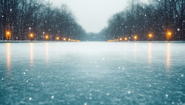Snowy city park road at night. Concept of winter, cold, and urban landscape.
