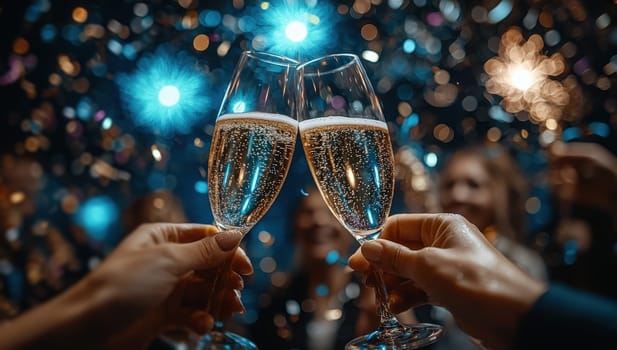 Celebration concept with sparkling wine glasses and festive party background
