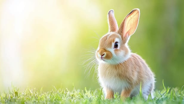 Cute little rabbit sitting in the grass on a sunny day. Concept of spring, Easter, and new life.