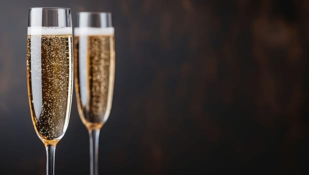 Two champagne flutes with golden bubbles on a dark background. Celebrating concept.