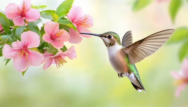 Hummingbird feeding on nectar from pink flower. Wildlife, nature, and beauty concept.