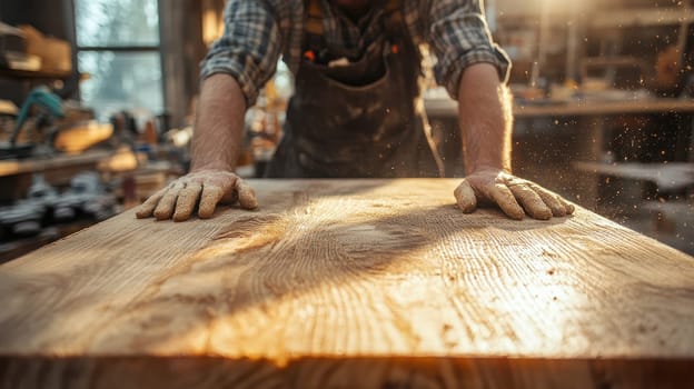 Carpenter's Hands on Wooden Table in Workshop