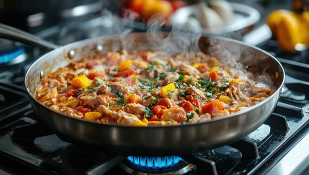 Sizzling vegetable stir fry in a wok on the stove
