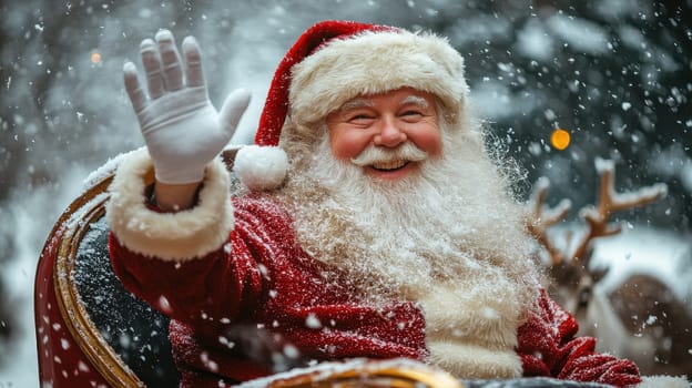 Smiling Santa Claus waving in snowy winter wonderland. Christmas magic and holiday spirit.