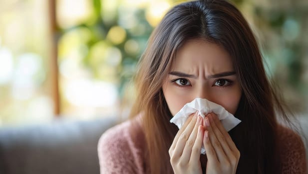 Sick young woman blowing her nose with tissue. Concept of allergy, flu, cold, healthcare, and medical.