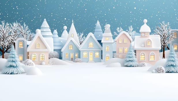 Charming Christmas Village in Snowfall,  A Festive 3D Illustration