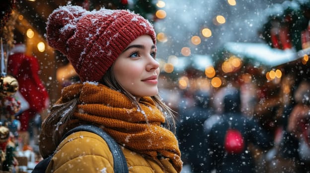 Young woman enjoying snowfall at a Christmas market. Holiday spirit, winter joy, festive atmosphere.